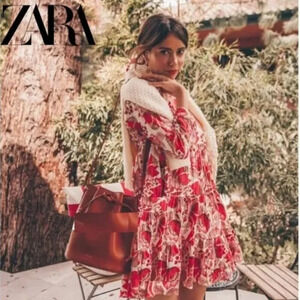 Zara Floral Tiered Babydoll 3/4 Sleeve Dress Red  Pink Size XS